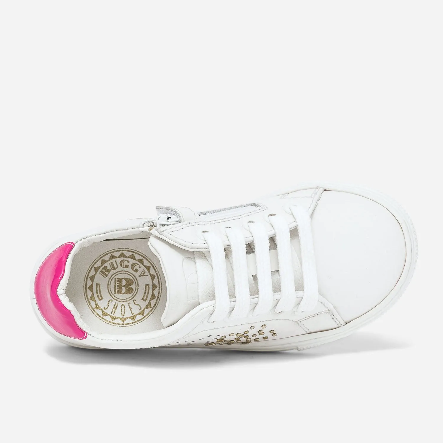 Tennis BUGGY blanche en cuir à contrefort rose fluo verni - Baskets Enfant | ERAM